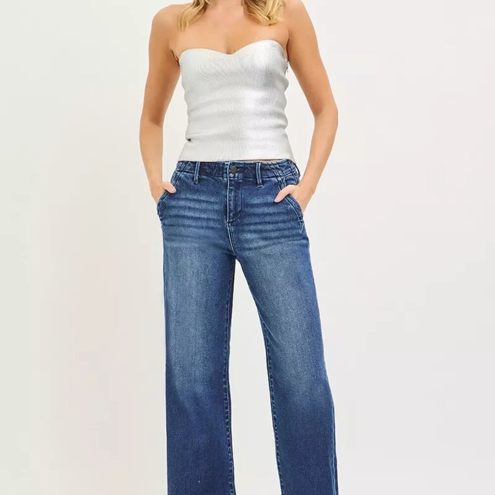 RISEN High Rise Wide Leg Slanted Pocket Jeans